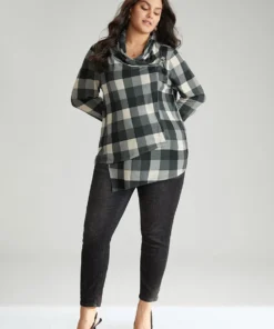 Plaid Cowl Neck Wrap Asymmetrical Hem T-shirt -Clothing Shop 296265953 jz