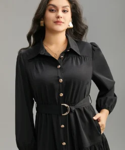 Anti-Wrinkle Shirt Collar Belted Metal Detail Dress 10 Anti-Wrinkle Shirt Collar Belted Metal Detail Dress -Clothing Shop 297337498 fy