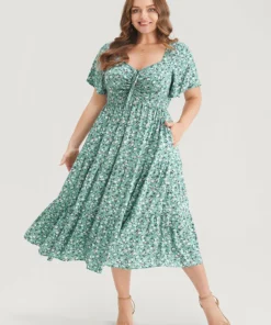 Ditsy Floral Drawstring Ruched Pocket Ruffle Tiered Dress