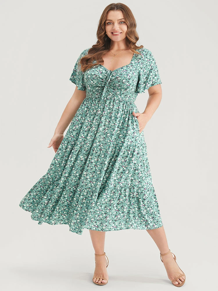 Ditsy Floral Drawstring Ruched Pocket Ruffle Tiered Dress 3 Ditsy Floral Drawstring Ruched Pocket Ruffle Tiered Dress