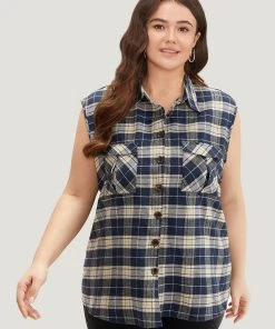 Plaid Flap Pocket Button Up Sleeveless Jacket -Clothing Shop 29788468 sd