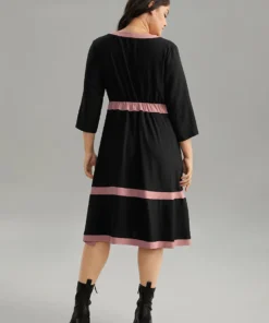 Colorblock Contrast Notched Elastic Waist Dress -Clothing Shop 298284661 zs