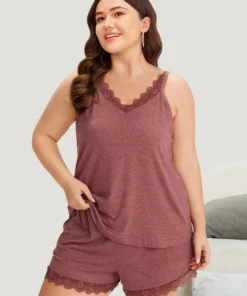 Solid Eyelet Lace Adjustable Straps Sleep Cami Top