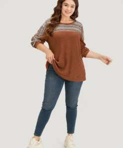 Boho Print Patchwork Waffle Knit Crew Neck Sweatshirt -Clothing Shop 299148196 lu 7bbb8e1a 77b3 4ca7 96ef bd8006326576