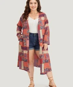 Halloween Bandana Print Open Front Pocket Maxi Kimono -Clothing Shop 299448581 nn