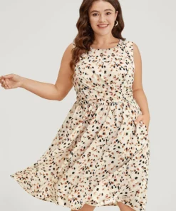 Allover Print Pocket Flutter Crossover Ruched Tank Dress