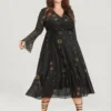 Halloween Moon And Star Bell Sleeve Surplice Neck Midi Dress