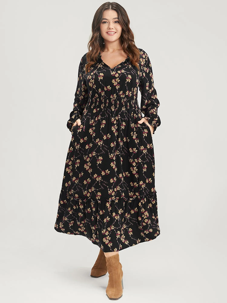 Floral Lantern Sleeve Pocket Tie Neck Shirred Midi Dress 5 Floral Lantern Sleeve Pocket Tie Neck Shirred Midi Dress - Image 3