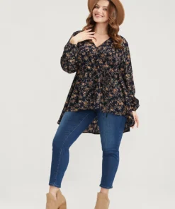 Floral Wrap Lantern Sleeve High Low Hem Blouse Without Hat -Clothing Shop 2 95e64707 7e52 41d6 81ff 06b40f4e59be