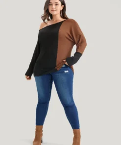 Colorblock Contrast Waffle Knit One Shoulder Long Tee -Clothing Shop 2 b2eb99e9 e6cb 48b1 b7c4 547c99a2e30c