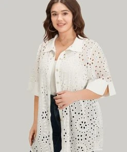 Plain Shirt Collar Broderie Anglaise Open Front Kimono 14 Plain Shirt Collar Broderie Anglaise Open Front Kimono -Clothing Shop 300755517 xj