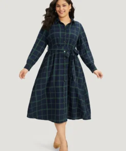 Plaid Shirt Collar Button Fly Belted Dress -Clothing Shop 301129938 gq