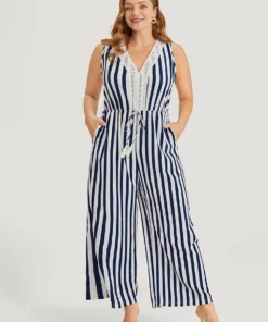 Striped Print Contrast Lace Pocket Knot Tassels Tank Jumpsuit 16 Striped Print Contrast Lace Pocket Knot Tassels Tank Jumpsuit -Clothing Shop 301226512 jb