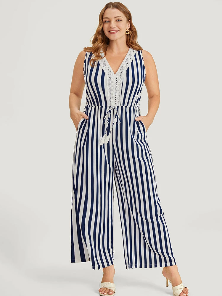 Striped Print Contrast Lace Pocket Knot Tassels Tank Jumpsuit 8 Striped Print Contrast Lace Pocket Knot Tassels Tank Jumpsuit - Image 6
