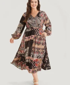 Bandana Print Wrap Pocket Lantern Sleeve Dress -Clothing Shop 301474251 cz