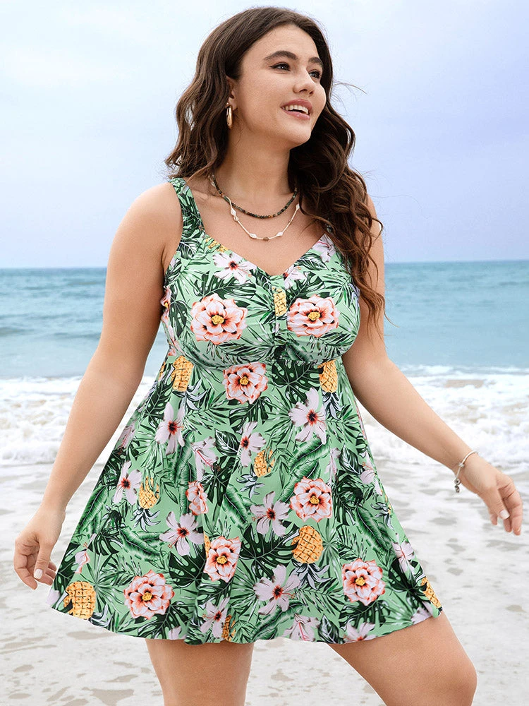 Tropical Print A Line Flutter Ruched Front Swim Dress 3 Tropical Print A Line Flutter Ruched Front Swim Dress