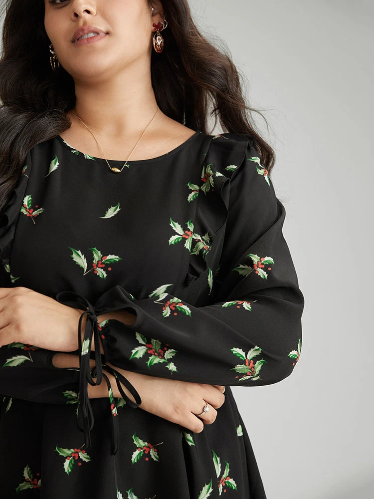 Christmas Ruffles Elastic Waist Ties Lantern Sleeve Blouse 7 Christmas Ruffles Elastic Waist Ties Lantern Sleeve Blouse - Image 5