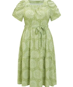 Bandana Print Ruched Sleeve Frill Trim Pocket Belt Dress -Clothing Shop 301925206 bh