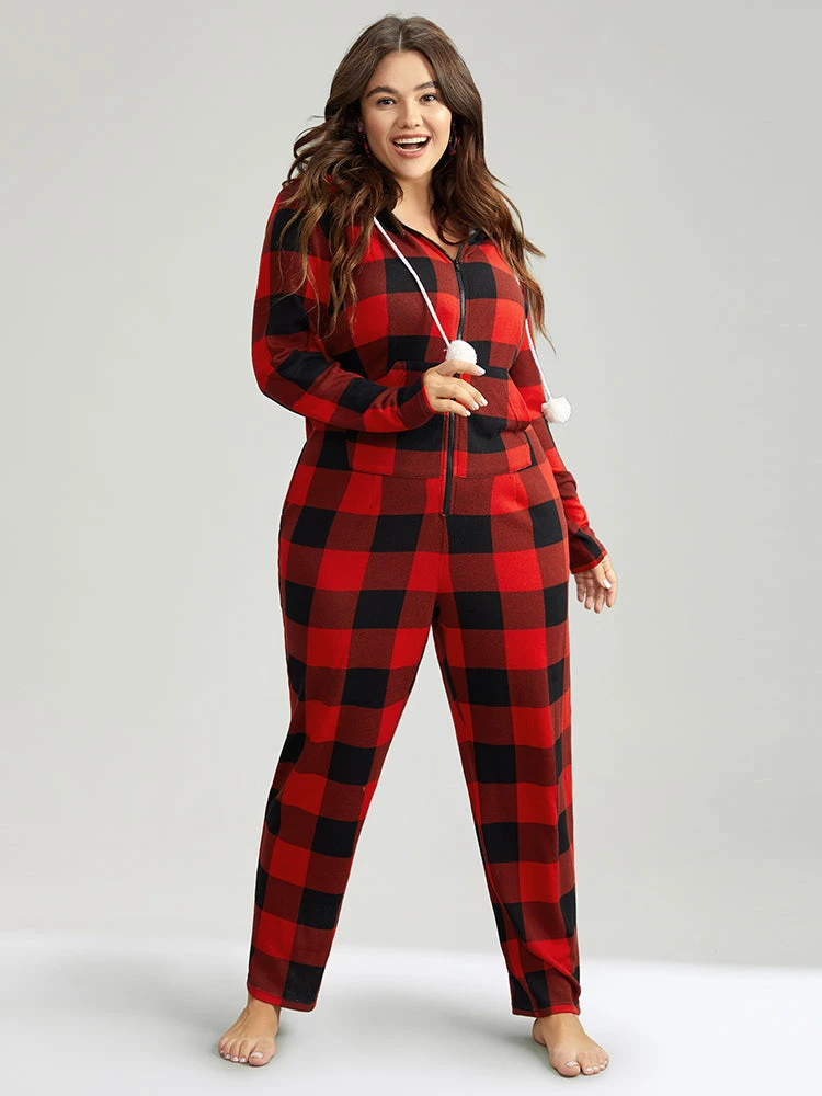 Plaid Zipper Hooded Fluffy Ball Pocket Sleep Jumpsuit 5 Plaid Zipper Hooded Fluffy Ball Pocket Sleep Jumpsuit - Image 3