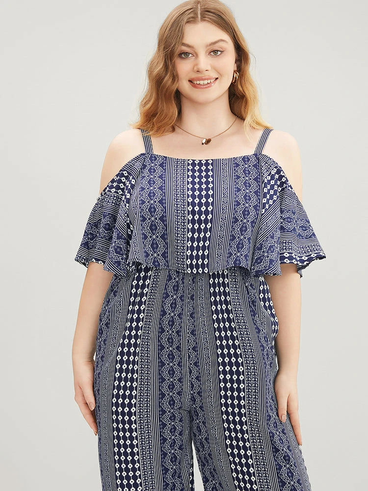 Striped Geometric Pocket Ruffles Cold Shoulder Jumpsuit 7 Striped Geometric Pocket Ruffles Cold Shoulder Jumpsuit - Image 5