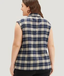 Plaid Flap Pocket Button Up Sleeveless Jacket -Clothing Shop 302649669 cy