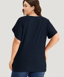 Plain Geometric Eyelet Keyhole Petal Sleeve T-shirt -Clothing Shop 30268590 am fc48445f 78bf 4f64 b135 0858c2a06ac8