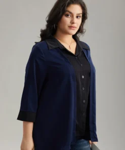 Contrast Patchwork Shirt Collar Button Through Blouse -Clothing Shop 303160870 nl