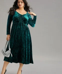 Velvet Ruched Ties Pocket Square Neck Dress -Clothing Shop 303264765 xb