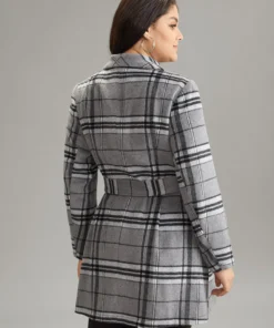 Plaid Button Up Pocket Belted Lapel Collar Coat -Clothing Shop 303373486 ut