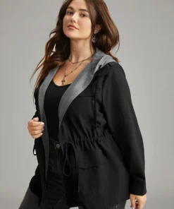 Contrast Hooded Drawstring Flap Pocket Coat -Clothing Shop 303838523 nm