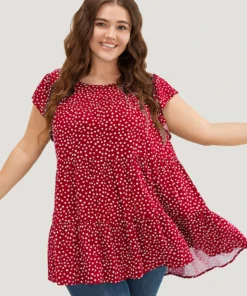 Allover Print Cap Sleeve Ruffle Hem Gathered Blouse -Clothing Shop 304416439 po 42513fd2 ab6b 4370 92db 056d1d2ebf50