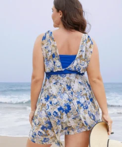 Graphic Patchwork Sculpt Waist Hanky Hem Swim Dress -Clothing Shop 304910038 tp