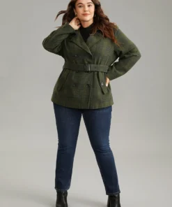 Plaid Lapel Collar Double Breasted Belted Woolen Coat -Clothing Shop 30497755 bo