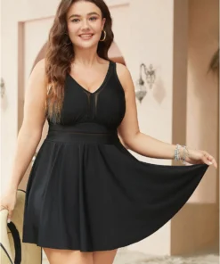 Ruffle Hem Mesh Insert Empire Waist Swim Dress -Clothing Shop 305204397 qy