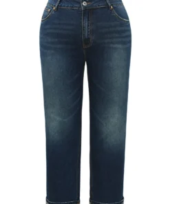 Plain Roll Hem Medium Wash Full Length Jeans -Clothing Shop 305516386 uu