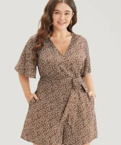 Ditsy Floral Ruffle Wrap Pocket Belted Romper -Clothing Shop 306243870 cf