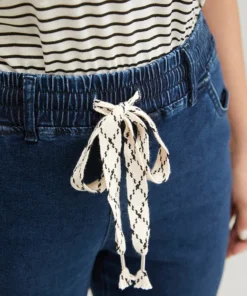 Moderately Stretchy High Rise Dark Wash Roll Hem Drawstring Jeans -Clothing Shop 306483434 hq