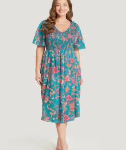 Bandana Print Pocket Shirred V Neck Ruffle Hem Dress -Clothing Shop 30661528 nf