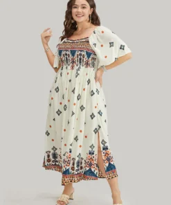 Bandana Print Square Neck Pocket Shirred Frill Trim Split Dress -Clothing Shop 306630241 fz