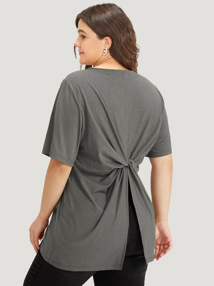 Solid Twist Back V Neck Short Sleeve T-shirt 19 Solid Twist Back V Neck Short Sleeve T-shirt - Image 17