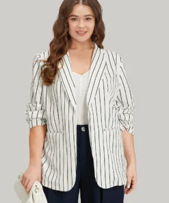 Striped Pocket Gathered Lapel Collar Blazer