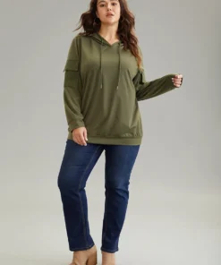 Solid Flap Pocket Hooded Drawstring Sweatshirt -Clothing Shop 307573285 ns