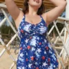 Star Print Drawstring Cut Out Knotted Back Tankini Top