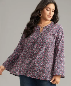 Ditsy Floral Notched Bell Sleeve Blouse -Clothing Shop 307983467 kx