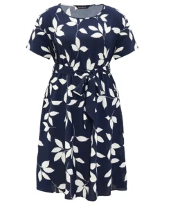 Leaf Print Pocket Belted Dress -Clothing Shop 30850073 in