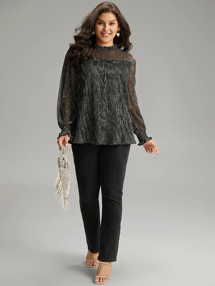 Stand Collar Mesh Patchwork Frill Trim Blouse 6 Stand Collar Mesh Patchwork Frill Trim Blouse - Image 4