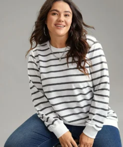 Rib Knit Striped Round Neck Sweatshirt