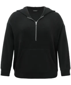 Solid Half Zip Kangaroo Pocket Thick Teddy Sweatshirt -Clothing Shop 309305431 cd