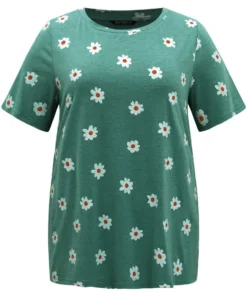 Small Daisy Print Round Neck T-shirt -Clothing Shop 309445670 en