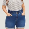 Very Stretchy High Rise Medium Wash Paperbag Waist Denim Shorts -Clothing Shop 310508810 in